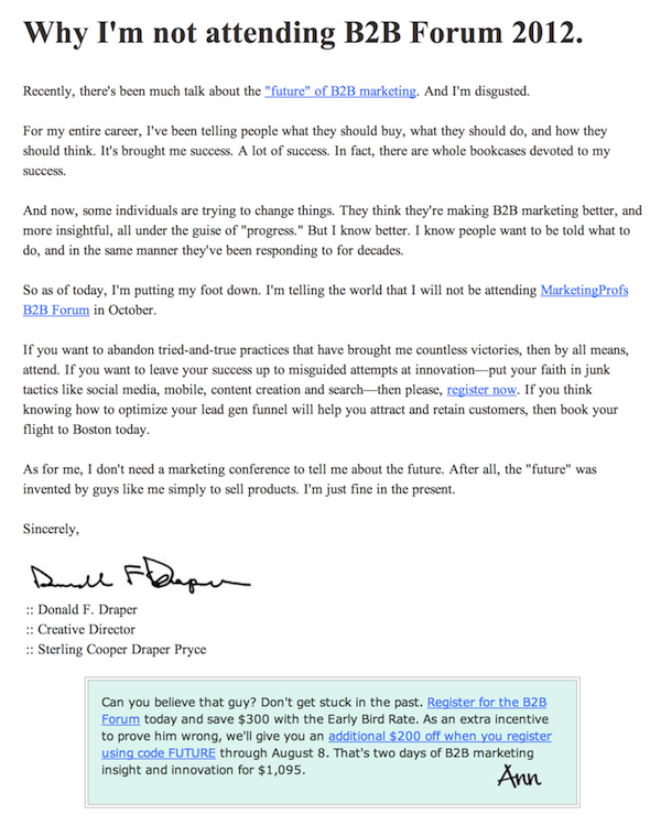 Don Draper MarketingProfs email